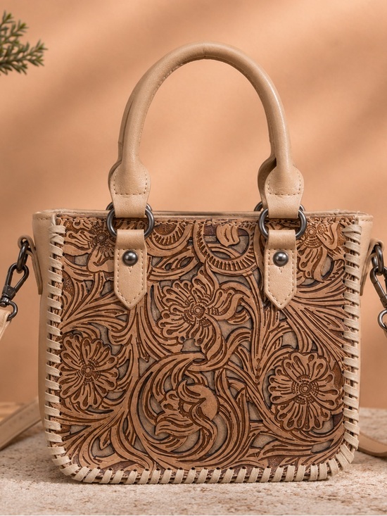 Trinity Ranch Handbags - Trinity Ranch Floral Tooled Mini Tote Crossbody Tan NWT